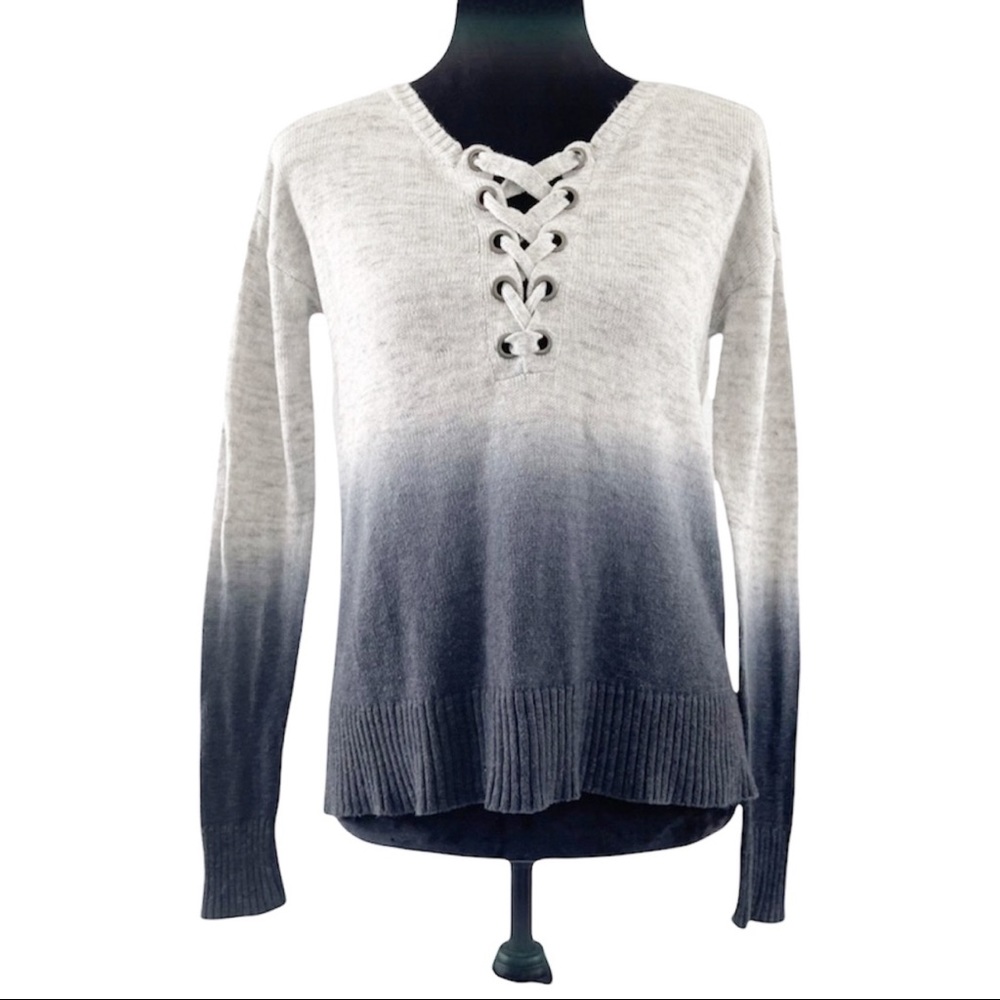 American Eagle Lace Up Blue Ombré V-Neck Fall Winter Sweater Size XS